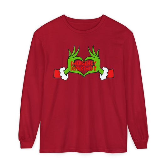 Grinch heart hands Emergency Department with EMS ornament Unisex Garment-dyed Long Sleeve T-Shirt