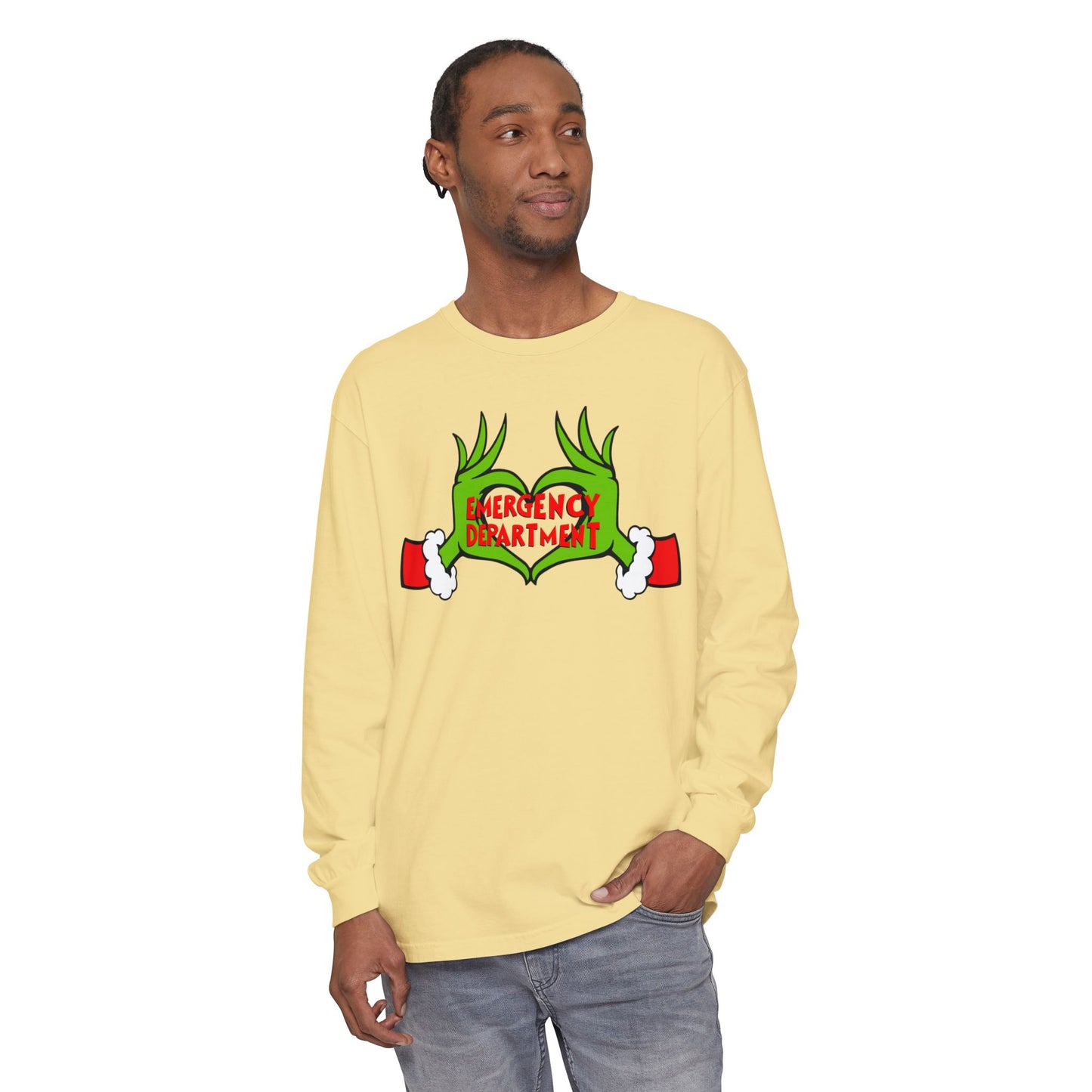 Grinch heart hands Emergency Department with EMS ornament Unisex Garment-dyed Long Sleeve T-Shirt