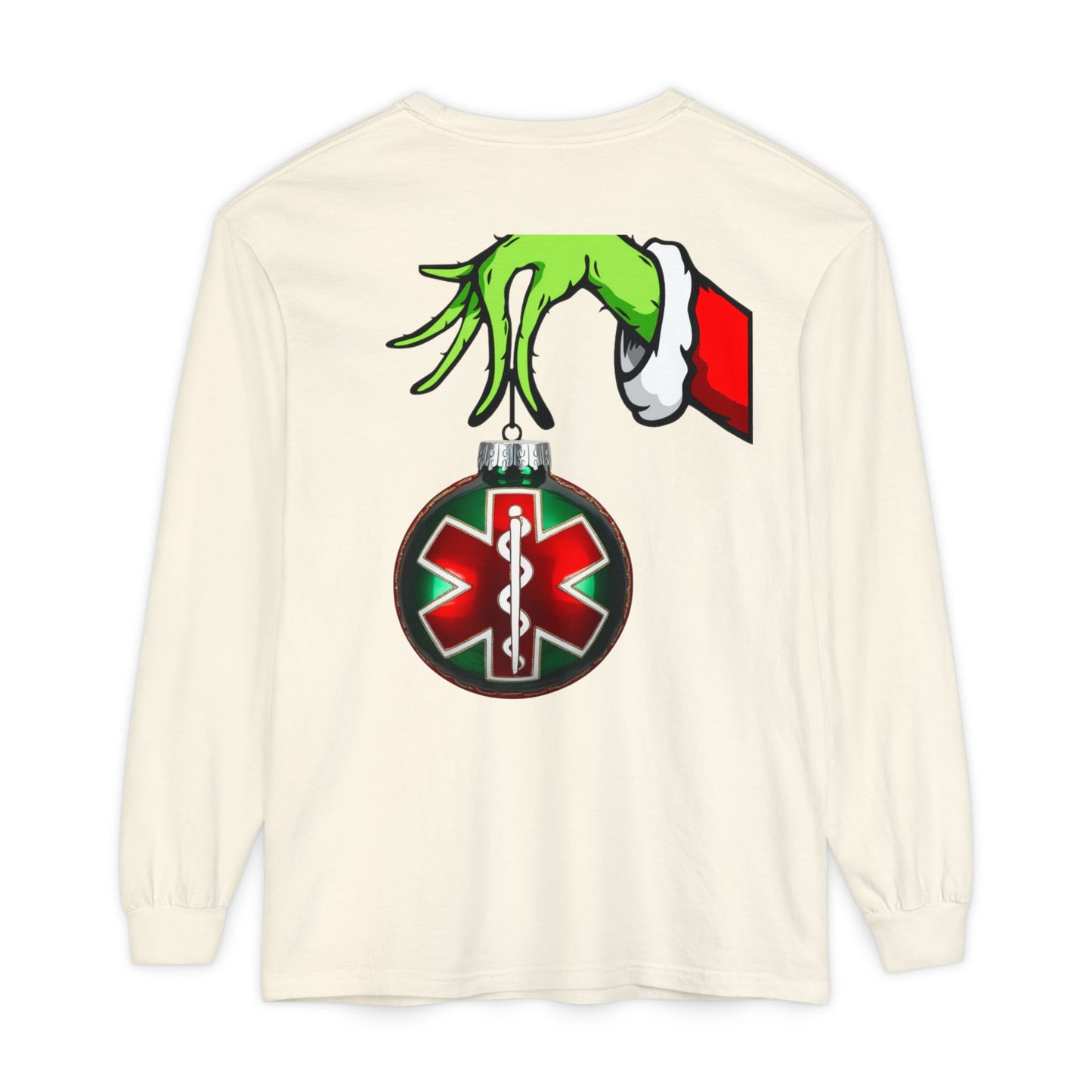 Grinch heart hands Emergency Department with EMS ornament Unisex Garment-dyed Long Sleeve T-Shirt